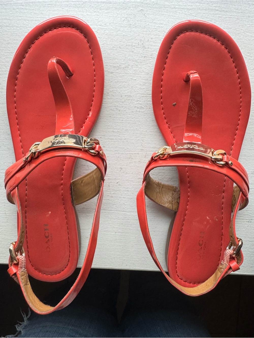 Coach Red Leather T-Strap Sandals with Gold Hardware